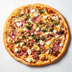 Ham, feta, and veggie pizza on white
