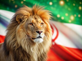 Fototapeta premium Iranian Lion Bokeh Photography, Persian Lion Blurred Background, Wildlife Iran Flag, Majestic Lion Bokeh Image, Blurry Lion Flag Photo