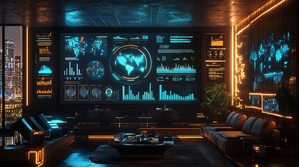 A futuristic analytics hub with neon graphs glowing in vivid blue and green hues against dark textured walls, sleek metallic furniture, illuminated ambient lighting, and a high-tech,