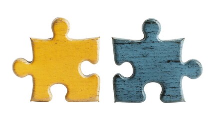 Fototapeta premium Connected Puzzle Pieces: Yellow and Teal Wooden Jigsaw Detail. AI Generated