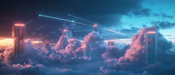 Futuristic cityscape with towering structures and star trails digital realm artful representation surreal atmosphere