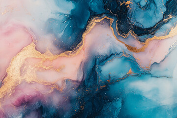 Fototapeta premium Abstract fluid art featuring blue, pink, and gold colors for modern decor