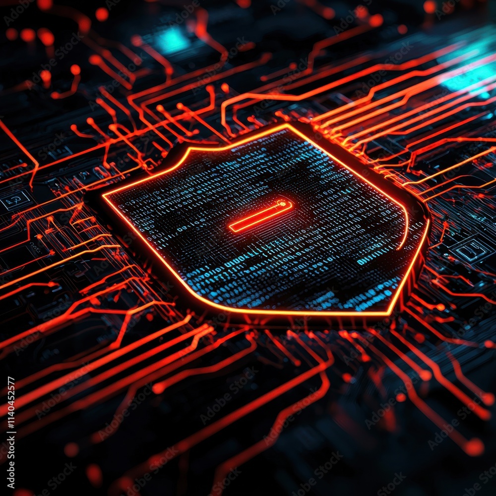 Poster abstract representation of digital security with glowing shield symbol and intricate circuit pattern