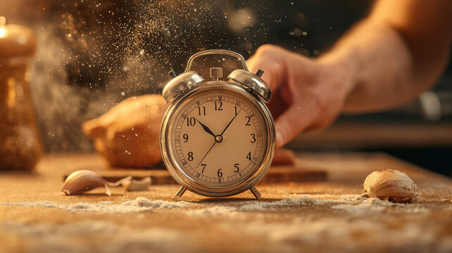 kitchen timer in focus while someone prepares food, creating cozy atmosphere