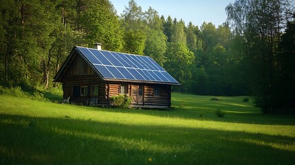 Obraz premium Sustainable Cabin in a Sunny Forest Clearing. AI Generated