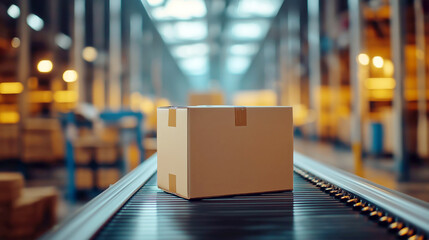 A cardboard box positioned on a moving conveyor, set in a well-lit warehouse.