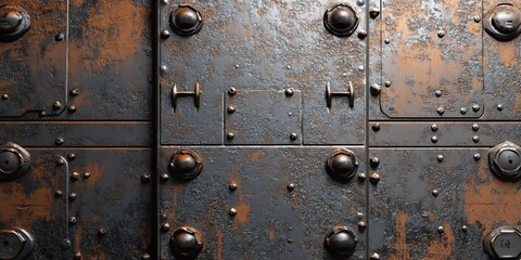 Fototapeta premium Detailed texture of aged spaceship hull metal featuring rivets and rust spots with industrial appeal