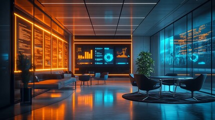 A futuristic startup office featuring digital dashboards on glass walls, glowing real-time analytics in bold neon colors, sleek furniture, and a bright, innovative open workspace --ar 16:9