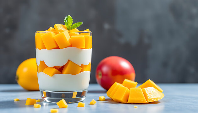 Coconut and Mango Parfait - A layered parfait with creamy coconut yogurt and sweet juicy mango. background copyspace