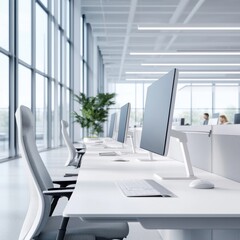 Fototapeta premium Modern Bright Office Interior Featuring Minimalist Desks with Computers, Ergonomic Chairs, Large Windows, and Green Plants for a Productive Work Environment