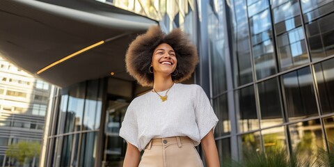 A woman with a big afro is smiling and wearing a white shirt and tan skirt. She is walking in front of a building with lots of windows