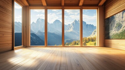 Fototapeta premium Mountain View from a Modern Cabin Interior with Large Windows