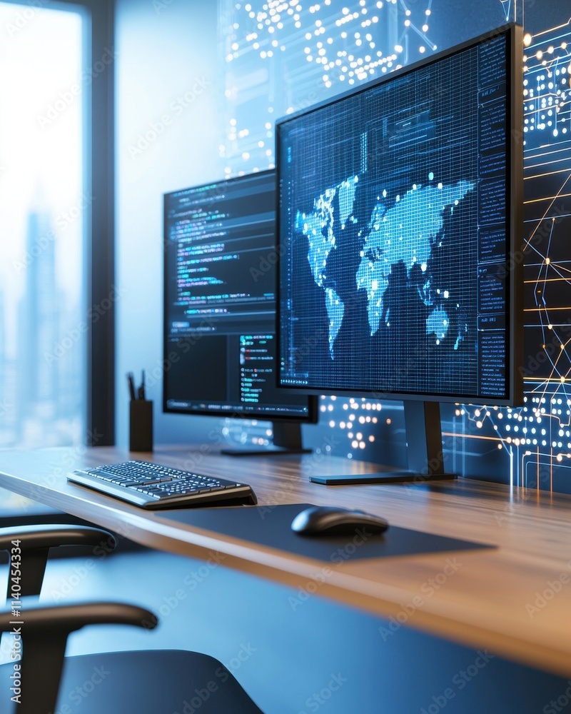 Poster modern office workspace with dual monitors displaying data visualizations and world map on a sleek d
