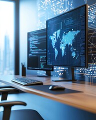 Modern Office Workspace with Dual Monitors Displaying Data Visualizations and World Map on a Sleek Desk, Ideal for Technology and Business Themes