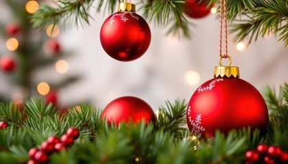 Fototapeta premium Close-up of red Christmas ornaments hanging on a tree, surrounded by festive greenery and lights.