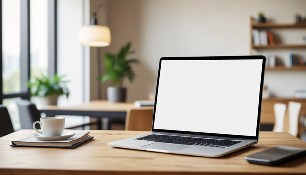 Laptop mockup, blank white screen laptop on wooden table with office room blur background. Generative AI