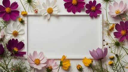 Fototapeta premium a blank white frame surrounded by pink, white, and purple cosmos flowers on a soft pink background, perfect for text or design