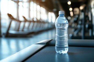 Eco-friendly water bottle mockup on gym treadmill during workout session in modern fitness center