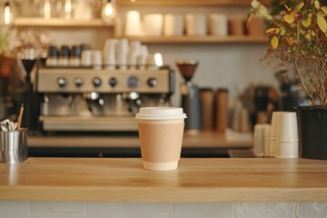 Gourmet coffee cup mockup on a busy barista counter during the morning rush