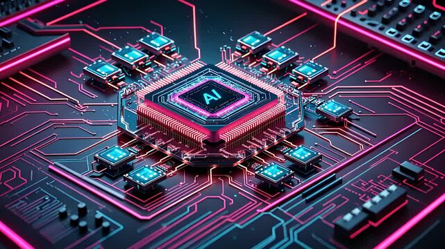 Advanced AI Processor Chip with Glowing Circuit Lines and Neon Digital Connections in Futuristic Design

