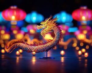 Obraz premium Papercut dragon coiling through a sea of glowing Chinese New Year lanterns, symbolizing good fortune