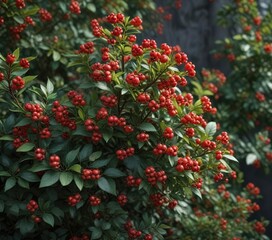 Obraz premium Low-growing shrub with vibrant bright red berries and small green leaves, autumn color, green foliage, small fruit