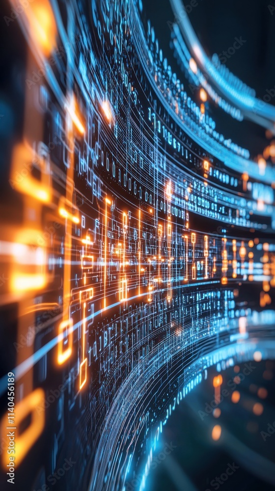 Poster abstract digital data flow illuminating pathways of information in a high-tech environment with glow