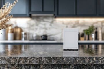 Elegant mockup of a luxury real estate flyer displayed on a granite countertop in a modern kitchen setting