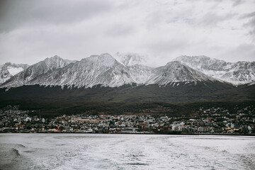 View of the city of Ushuaia from the Beagle Channel, Tierra del Fuego, Argentina