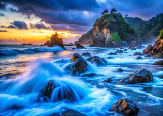 Fototapeta premium Japanese Ocean Waves Long Exposure Photography: Coastal Scenery, Artistic Seascape, Blue Hour, Dramatic Lighting
