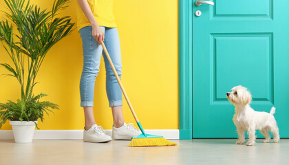 Fototapeta premium person sweeping bright entryway with dog nearby, creating tidy space