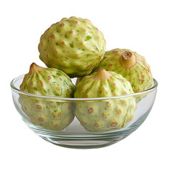 Obraz premium Extreme front view of a delicious looking cherimoyas in a glass bowl isolated on a white transparent background