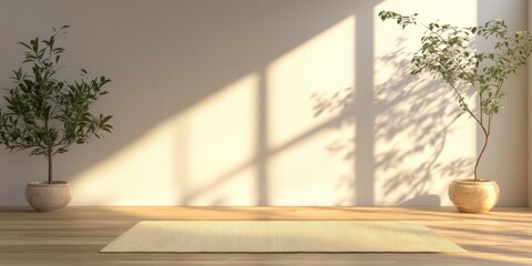 Empty mockup of a yoga studio flyer resting on a bamboo mat in a tranquil space with natural light