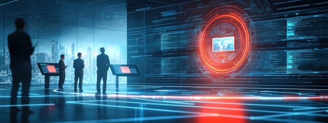 Futuristic Technology Conference with Business Professionals Engaging in Data Analysis Against a Digital Background of City Skyline and High-Tech Screens