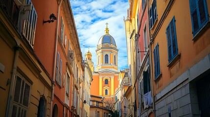 Naklejka premium Sunlit Church Dome Viewed from a Narrow City Street. AI Generated