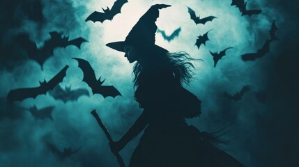 Obraz premium A young woman in a witch costume with a broomstick, surrounded by flying bats, embodying Halloween spirit