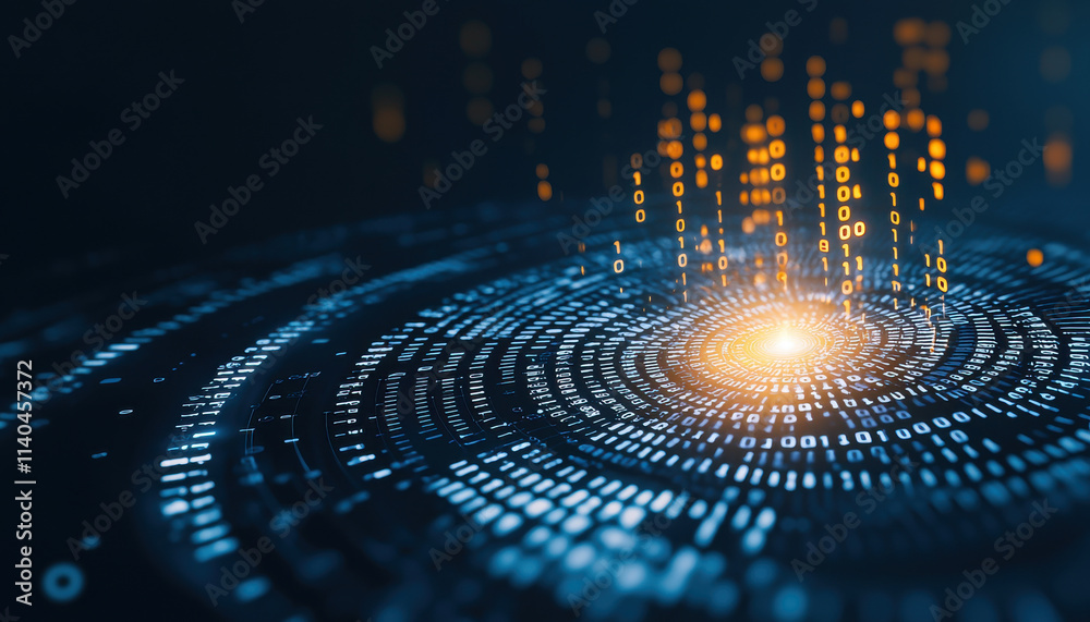 Poster abstract circular patterns with data streams radiating outward, creating dynamic visual effect