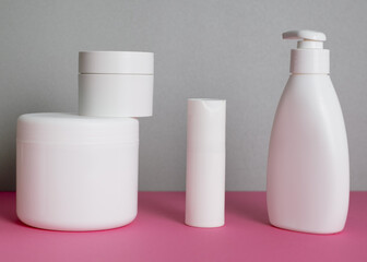 Skincare essentials: cosmetic bottles for hair, body, and face care