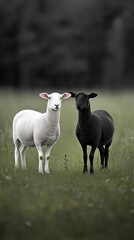 Obraz premium Black and white sheep grazing harmoniously in a lush field, vivid contrast photography