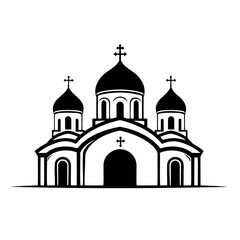 Orthodox church silhouette with domes and crosses in black and white, minimalistic religious architectural design