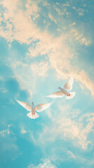 Pair of doves flying side by side in a bright blue sky, symbolizing peace and unity with soft clouds and gentle sunlight