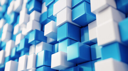 Obraz premium A blue and white wall made of cubes. The blue and white cubes are arranged in a pattern that creates a sense of depth and dimension. 