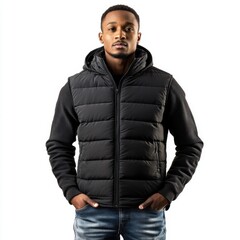 Young man poses confidently in a stylish black puffer vest and jeans against a white background