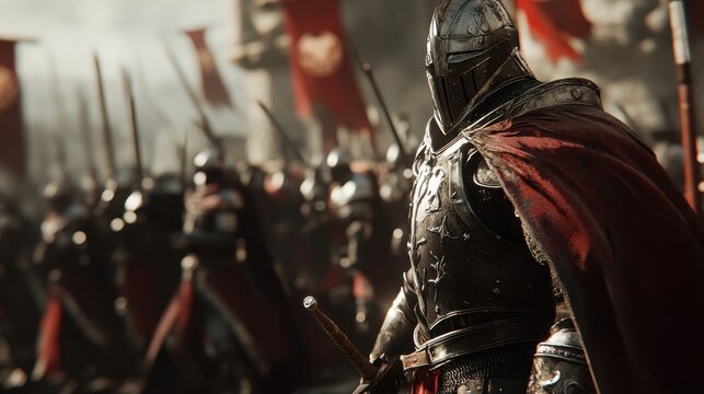 Dark knight stands defiantly in a fiery battle scene surrounded by an army