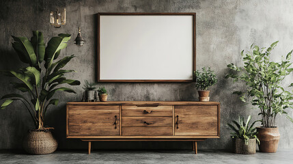 Stylish modern living room with rustic wood dresser and minimal decor against concrete wall backdrop