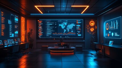 A modern startup space with animated 3D analytics dashboards on sleek digital walls, vibrant colors such as blue and orange highlighting the room, minimalistic furniture, and a dynamic,