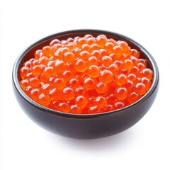 Colorful salmon roe displayed in a dark bowl, showcasing a rich texture and vibrant appearance