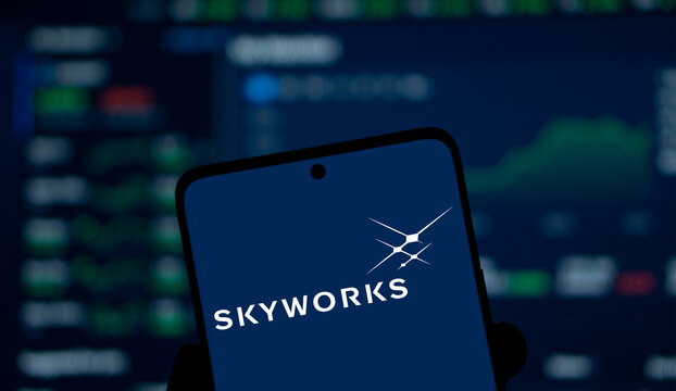Dhaka, Bangladesh- 17 Dec 2024: skyworks logo is displayed on smartphone. Skyworks Solutions Inc is an American semiconductor company.
