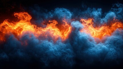 This image showcases a captivating blend of smoky blue and fiery orange elements, creating a dynamic and vibrant abstract composition.