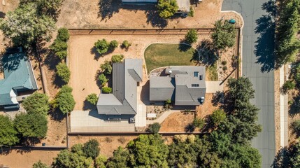 Obraz premium Aerial view of a modern home surrounded by landscaping and a road.